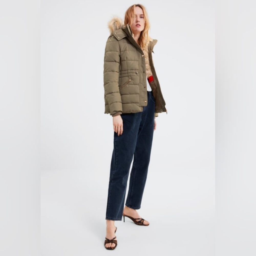 Zara Puffer Faux Fur Parka Jacket in Army Green